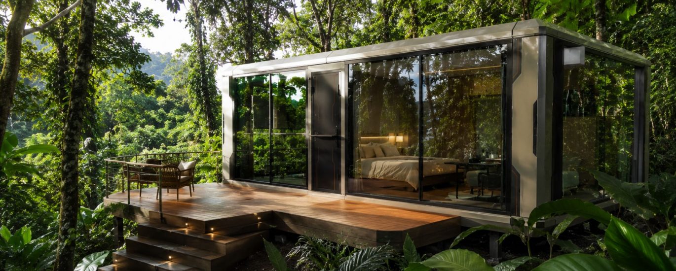 A white modular cabin with floor-to-ceiling glass doors and a large wooden deck built directly into a dense rainforest setting.