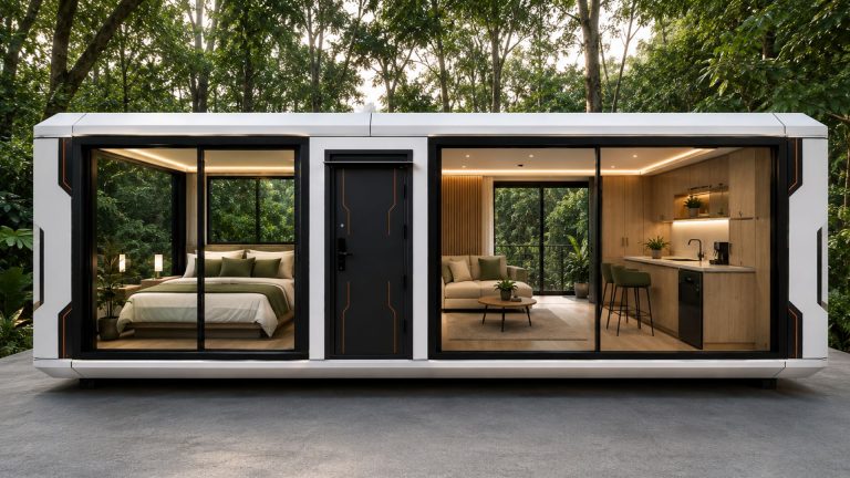 A sleek white modular pod structure with dark trim and large sliding glass windows revealing a modern bedroom, living area, and kitchen inside.