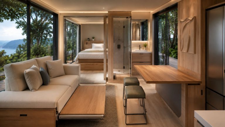 Modern interior of a compact modular home featuring a pull-out wooden coffee table from a sofa, a floating dining bar with stools, and a bedroom visible in the background.