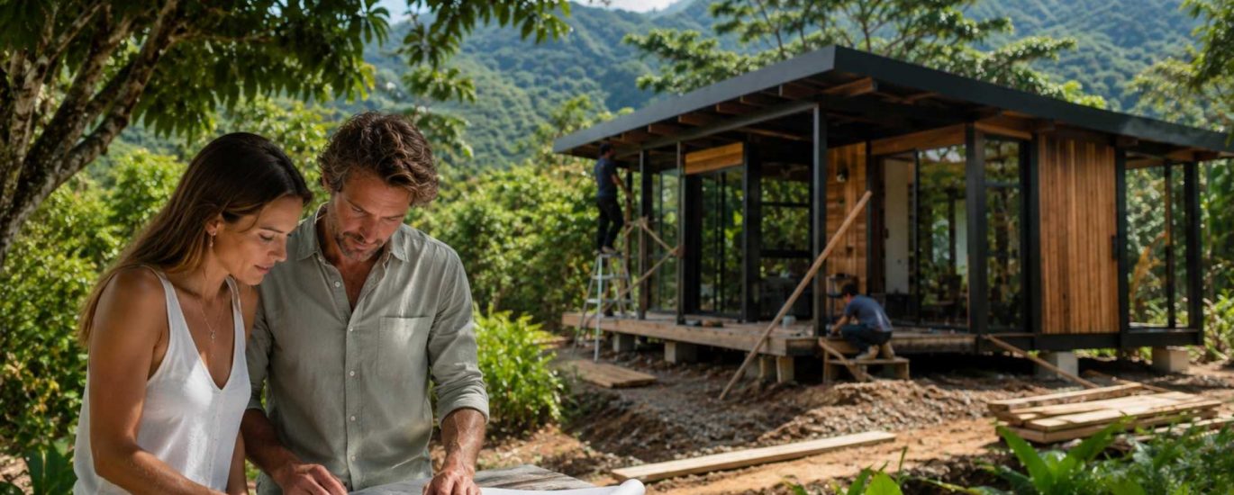A man and woman reviewing architectural blueprints on a wooden table in front of a timber microhome under construction in a tropical forest.