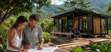 A man and woman reviewing architectural blueprints on a wooden table in front of a timber microhome under construction in a tropical forest.