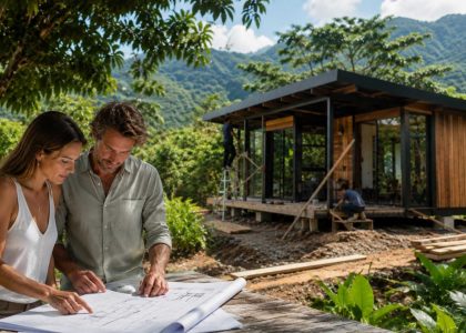 A man and woman reviewing architectural blueprints on a wooden table in front of a timber microhome under construction in a tropical forest.