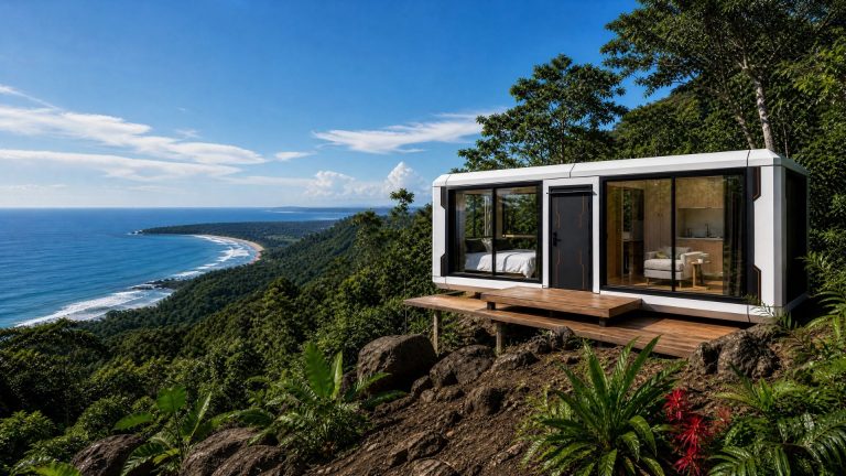 A white modular eco-pod cabin perched on a rocky cliff edge with a wood deck, overlooking a vast tropical bay and blue ocean under a bright sky.