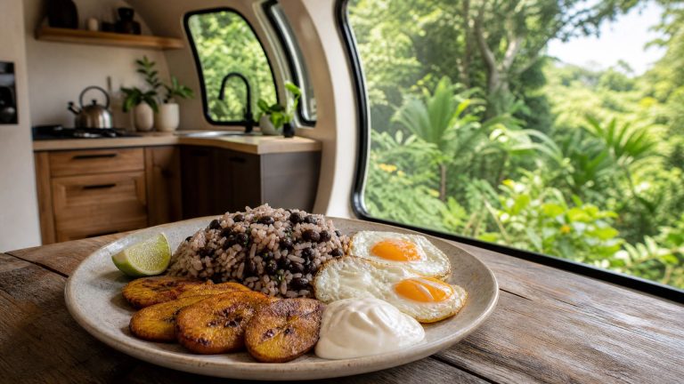 A plate with seasoned rice and black beans, fried plantains, two sunny-side-up eggs, a lime wedge, and cream, sitting on a wooden table next to a curved window looking out onto lush rainforest greenery.