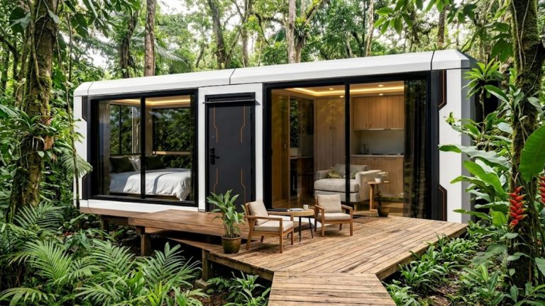 A modern white modular cabin with black trim and sliding glass doors resting on a wooden deck surrounded by lush tropical plants and tall trees.