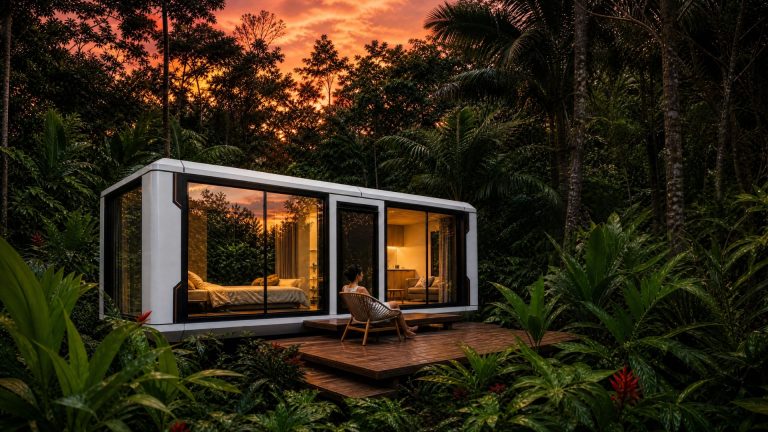A woman sitting in a woven armchair on a wooden deck outside a lit white modular pod surrounded by dense tropical plants under a fiery orange sunset sky.
