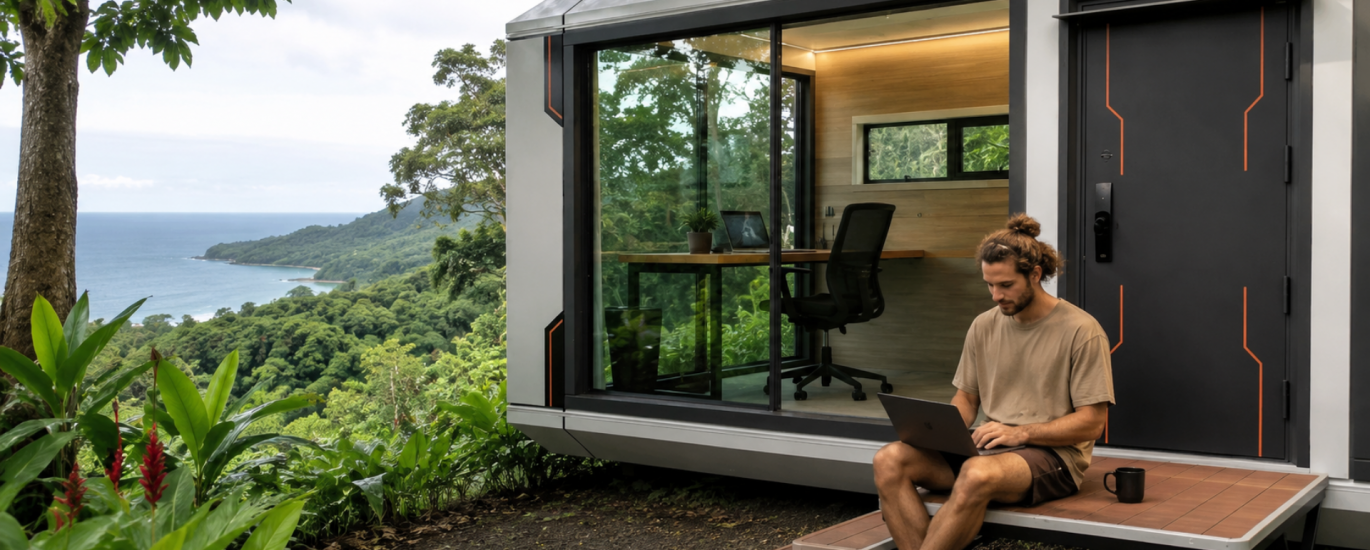Digital nomad working remotely from a Woodstock Microhome in Costa Rica.