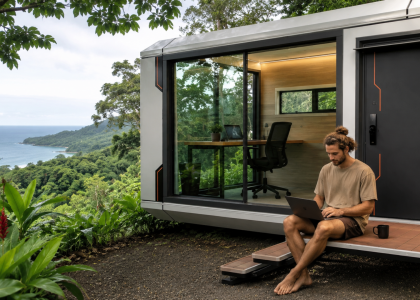 Digital nomad working remotely from a Woodstock Microhome in Costa Rica.
