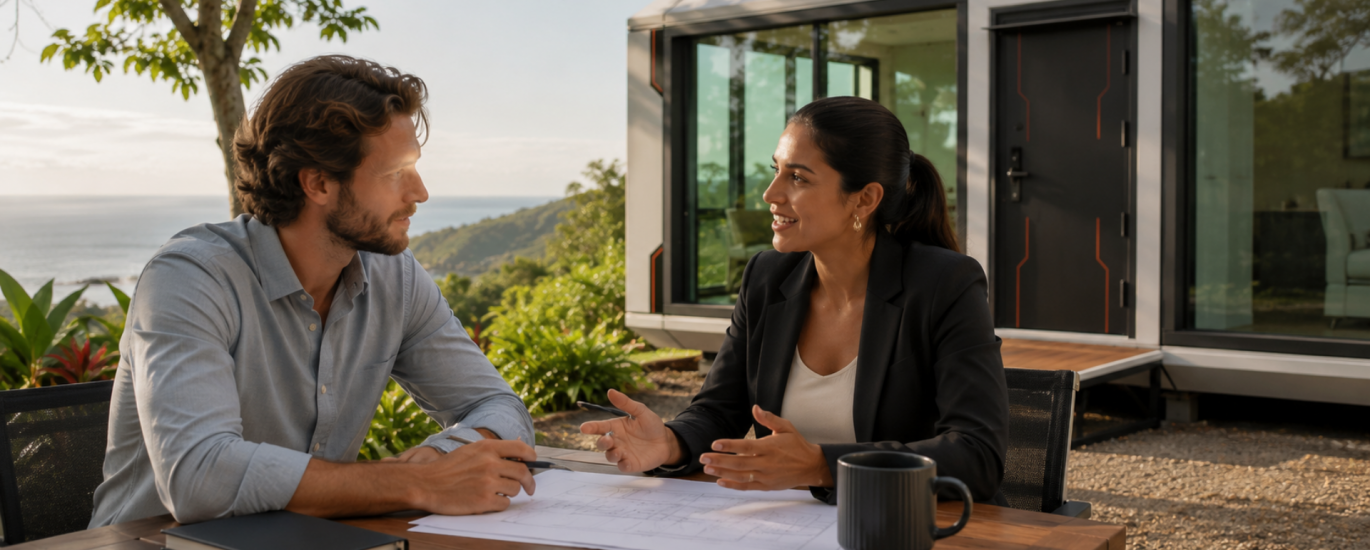 Expat discussing property ownership legalities near a Woodstock Microhome in Costa Rica.