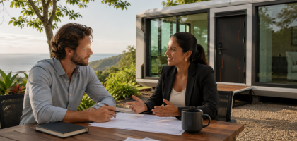 Expat discussing property ownership legalities near a Woodstock Microhome in Costa Rica.