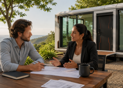 Expat discussing property ownership legalities near a Woodstock Microhome in Costa Rica.