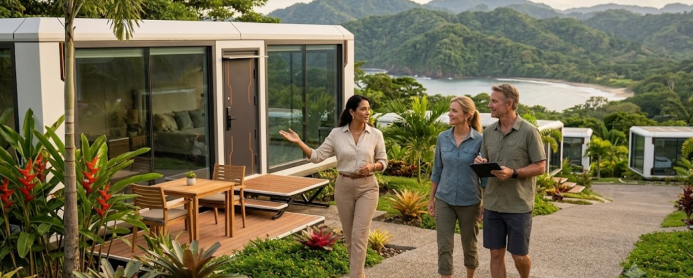 Expat couple exploring property for a Woodstock Microhome in Costa Rica.
