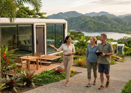 Expat couple exploring property for a Woodstock Microhome in Costa Rica.