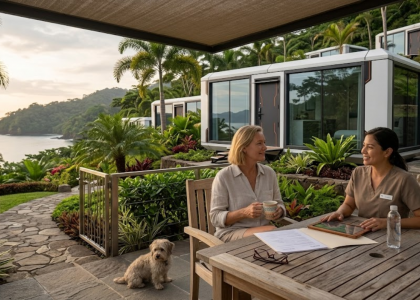 Expat resident discussing healthcare while living in a Woodstock Microhome in Costa Rica.