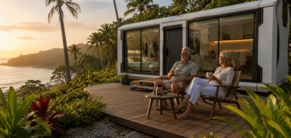 Retired expat couple relaxing outside a Woodstock Microhome in Costa Rica.