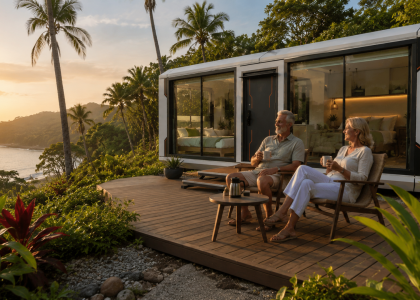 Retired expat couple relaxing outside a Woodstock Microhome in Costa Rica.