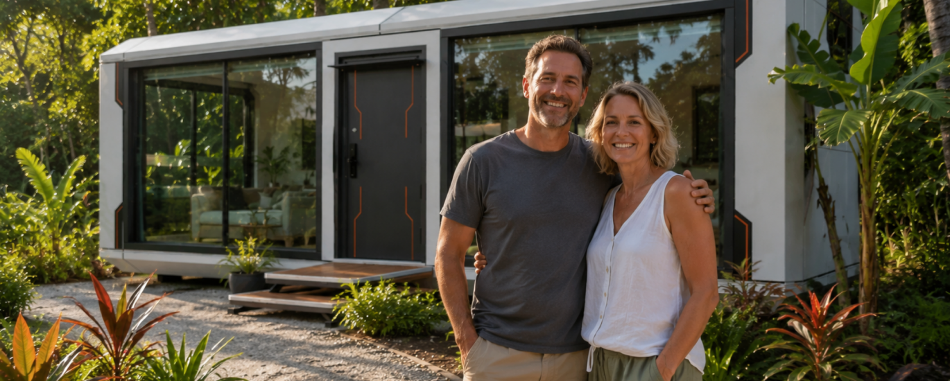 Happy expat homeowners outside their Woodstock Microhome in Costa Rica.