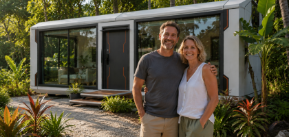 Happy expat homeowners outside their Woodstock Microhome in Costa Rica.