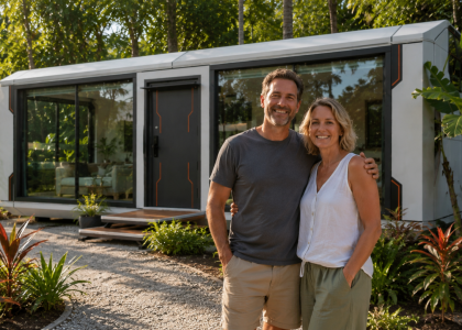 Happy expat homeowners outside their Woodstock Microhome in Costa Rica.