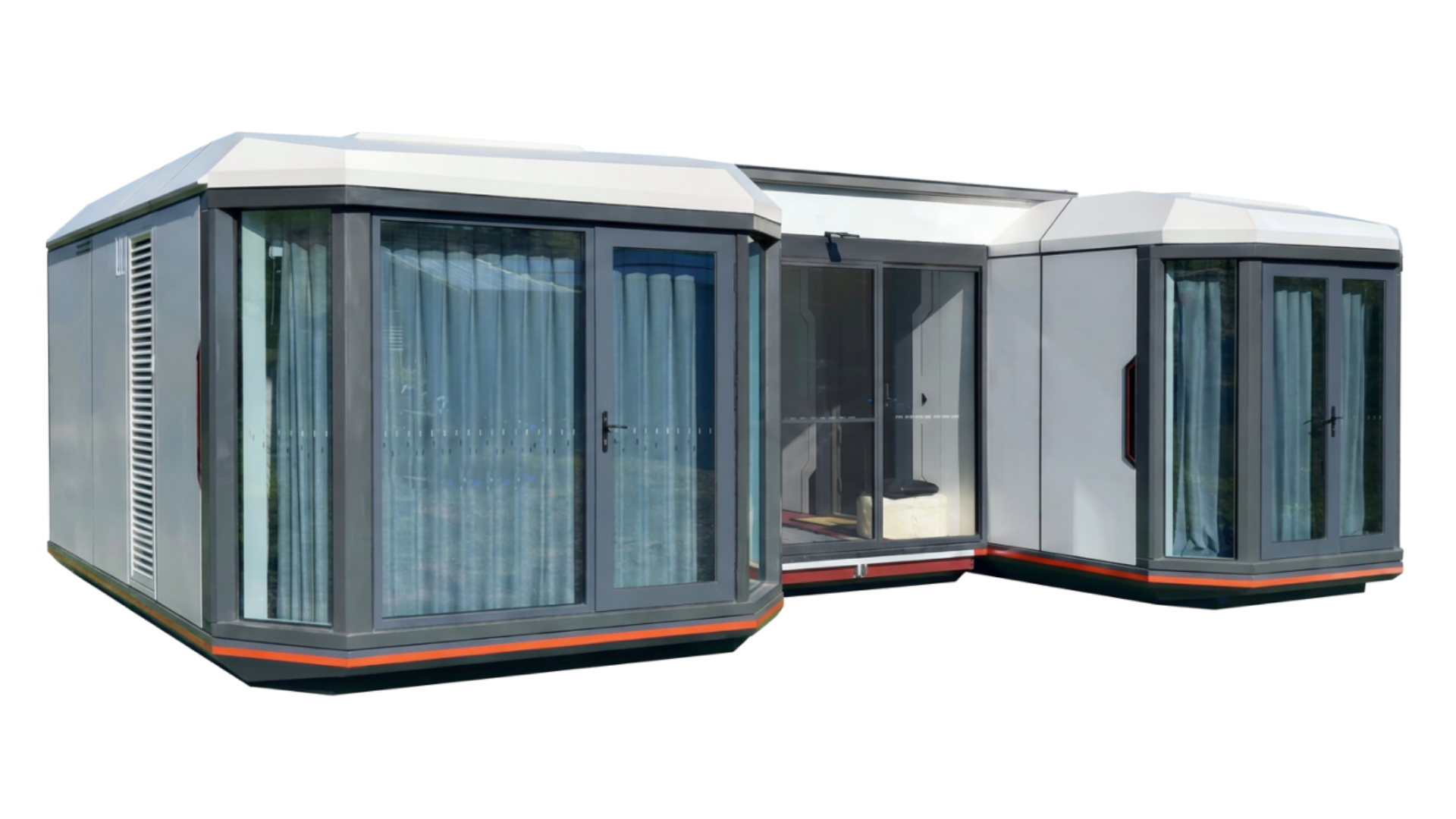An L-shaped white and grey prefabricated modular pod structure with dark-framed windows, blue curtains, and orange trim accents, isolated on a black background.
