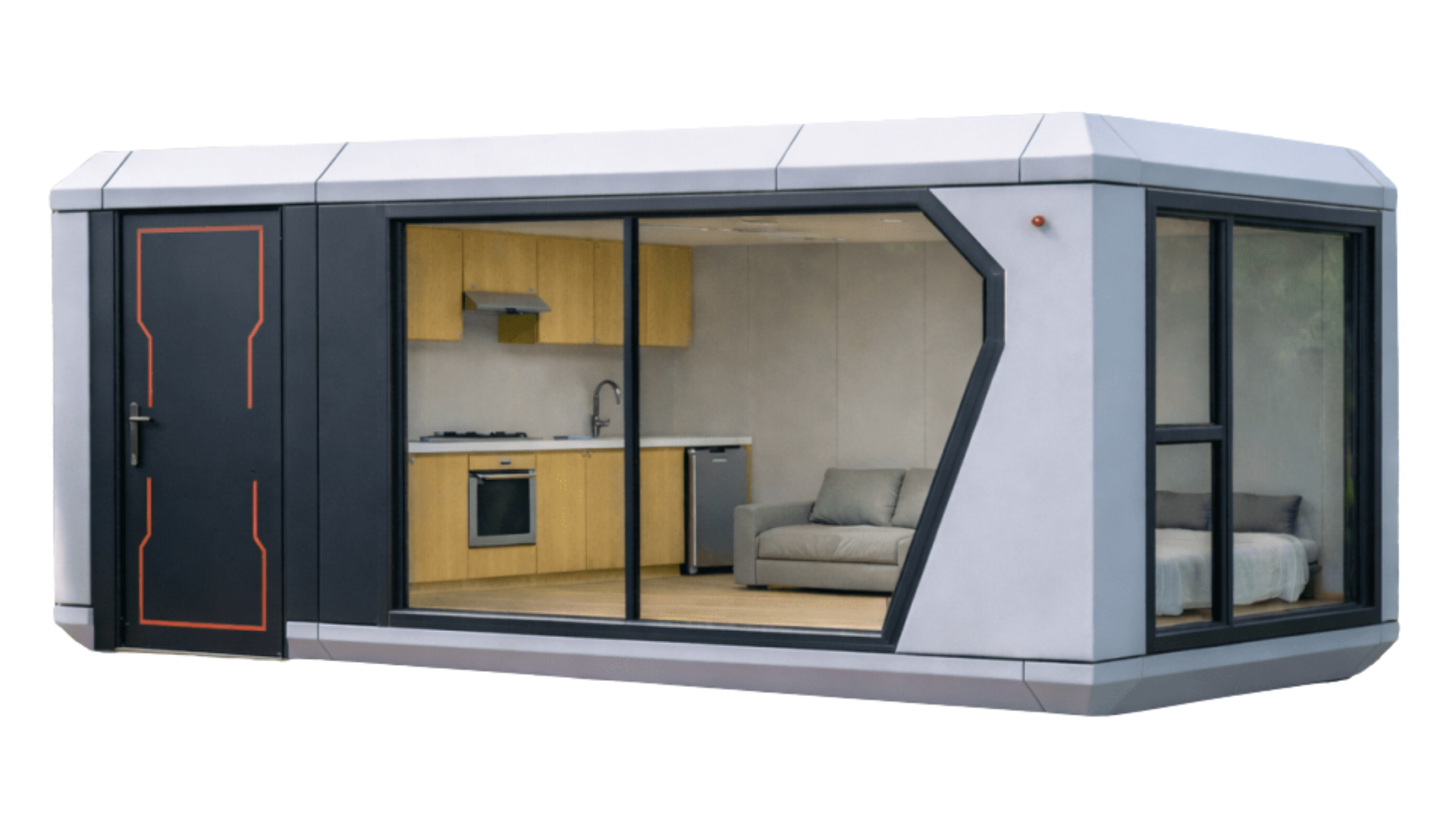 A modern white modular cabin featuring a full kitchen layout, living room sofa area, and bedroom, isolated on a black background.