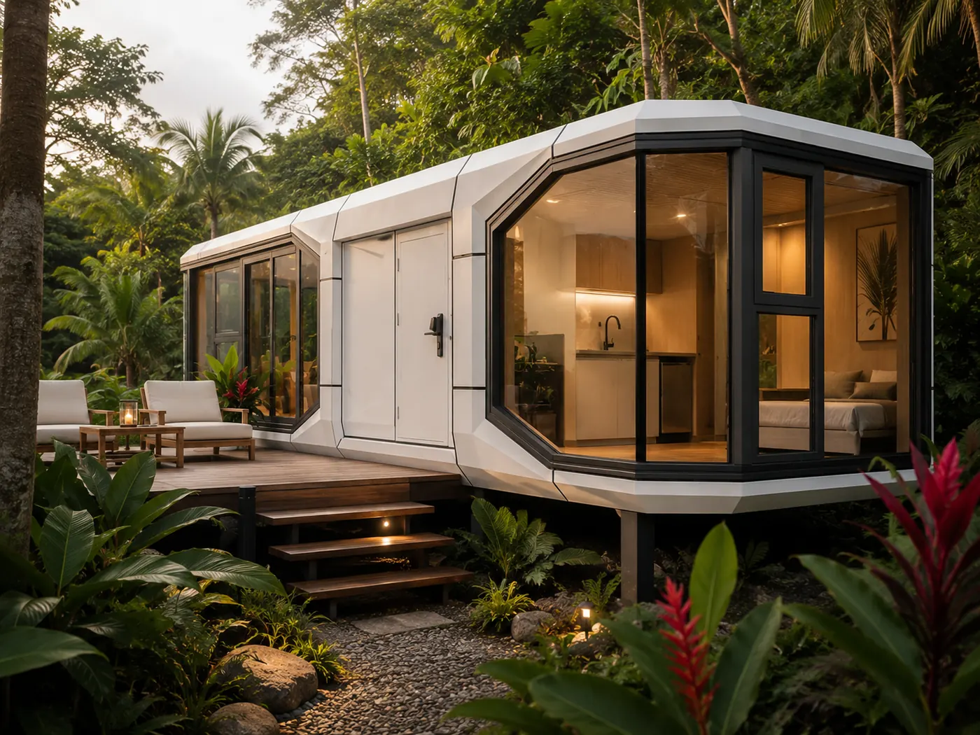 Luxury modern Woodstock microhome surrounded by tropical Costa Rica landscaping