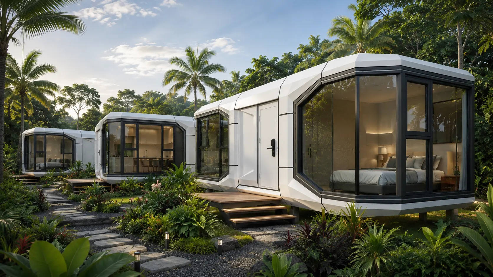 Multiple Woodstock microHomes arranged as a tropical property concept