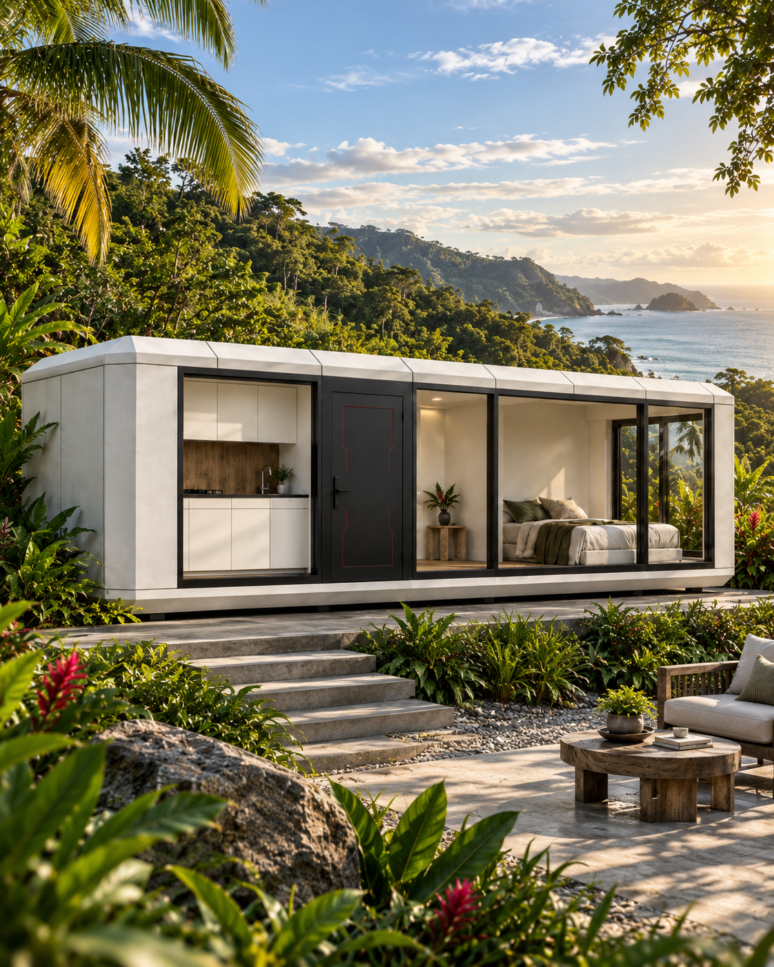 Modern Woodstock Microhome surrounded by lush tropical landscaping overlooking the Costa Rica coastline.